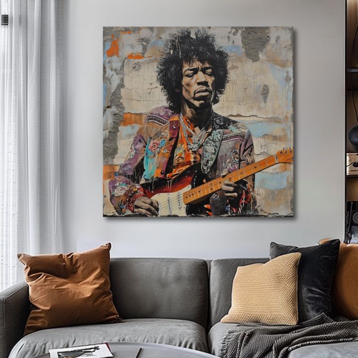 Modern tablou pe pânză cu motivul Jimi Hendrix - Gitarová poézia în albastru nuanțe, istorie muzicală | Tablou Jimi Hendrix - Gitarová poézia – produs