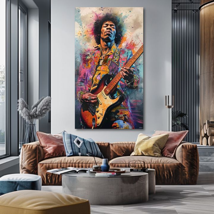 Modern tablou pe pânză cu motivul Jimi Hendrix - Ohnivé tóny în negru-galben nuanțe, atmosferă energică, rock and roll și creativitate | Tablou Jimi Hendrix - Ohnivé tóny – produs