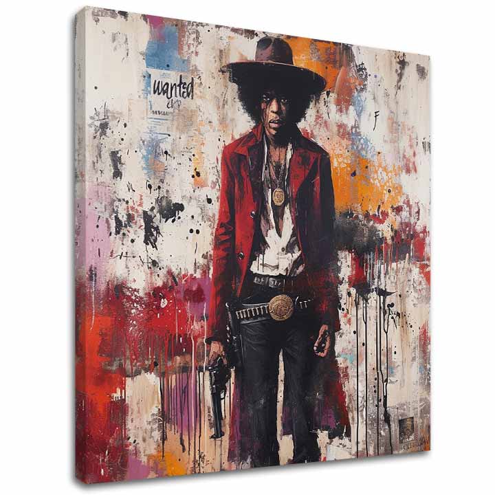 Modern tablou pe pânză cu motivul Jimi Hendrix - Divoký západ v akryle în alb-roșu nuanțe, atmosferă îndrăzneață, rock and roll și istorie muzicală – principală