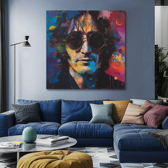 Modern tablou pe pânză cu motivul John Lennon - Farebné predstavy în albastru-negru nuanțe, atmosferă energică, rock and roll și cultură pop – produs