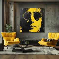 Modern tablou pe pânză cu motivul John Lennon - Žltý reflexie reality în negru-galben nuanțe, atmosferă îndrăzneață, iconografie | Tablou John Lennon - Žltý reflexie reality – produs