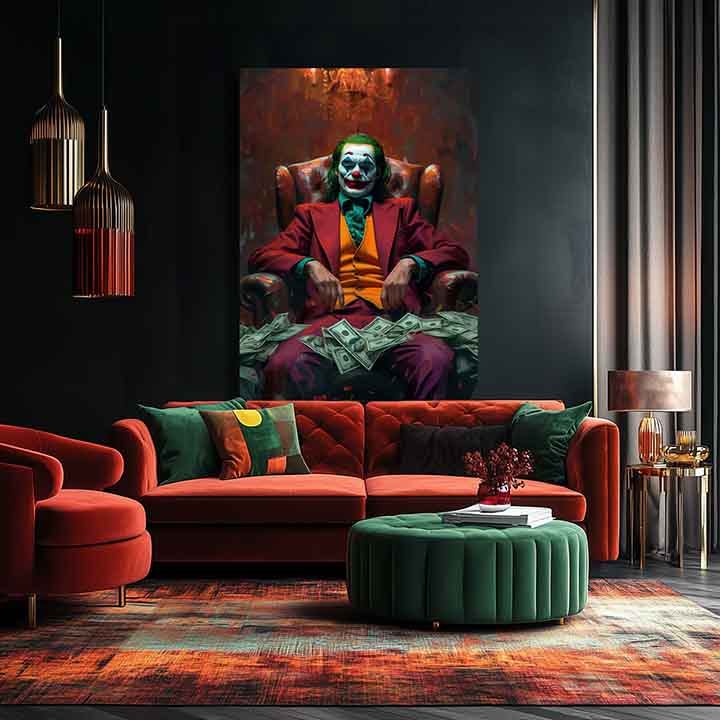 Modern tablou pe pânză cu motivul Joker: Pán chaosu în verde-auriu nuanțe, atmosferă intensă, forță și putere | Tablou Joker: Pán chaosu – produs