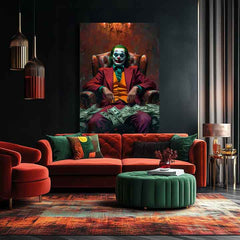 Modern tablou pe pânză cu motivul Joker: Pán chaosu în verde-auriu nuanțe, atmosferă intensă, forță și putere | Tablou Joker: Pán chaosu – produs