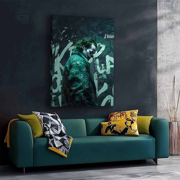Modern tablou pe pânză cu motivul Joker: Vuitton štýl, graffiti în negru-alb nuanțe, atmosferă întunecată | Tablou Joker: Vuitton štýl – produs