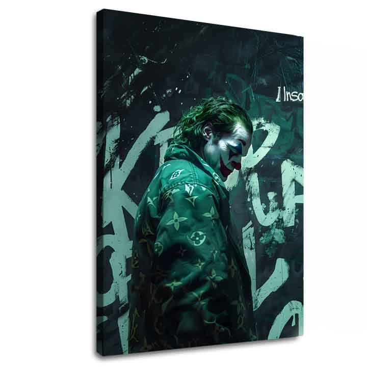 Modern tablou pe pânză cu motivul Joker: Vuitton štýl, graffiti în negru-alb nuanțe, atmosferă întunecată | Tablou Joker: Vuitton štýl – principală