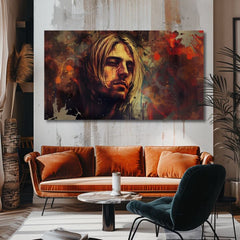 Modern tablou pe pânză cu motivul Kurt Cobain - V srdci grunge în maro-auriu nuanțe, atmosferă melancolică, rock and roll | Tablou Kurt Cobain - V srdci grunge – produs
