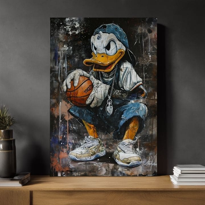 Modern tablou pe pânză cu motivul LeBron Duck na pânză în alb nuanțe, atmosferă urbană, cultură pop și nostalgie | Tablou LeBron Duck na pânză – produs, vedere 2