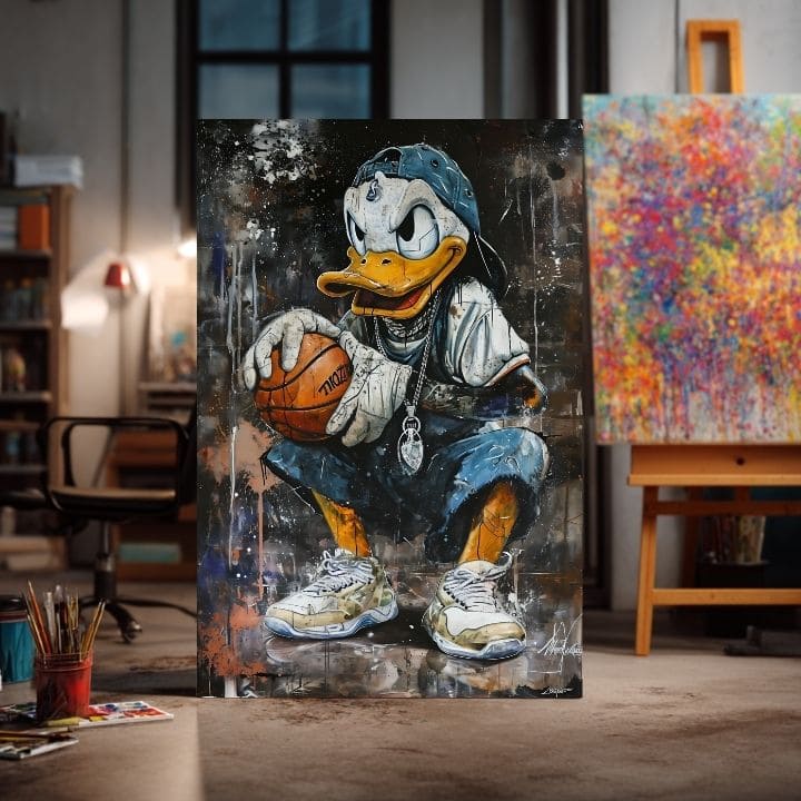 Modern tablou pe pânză cu motivul LeBron Duck na pânză în alb nuanțe, atmosferă urbană, cultură pop și nostalgie | Tablou LeBron Duck na pânză – produs, vedere 3