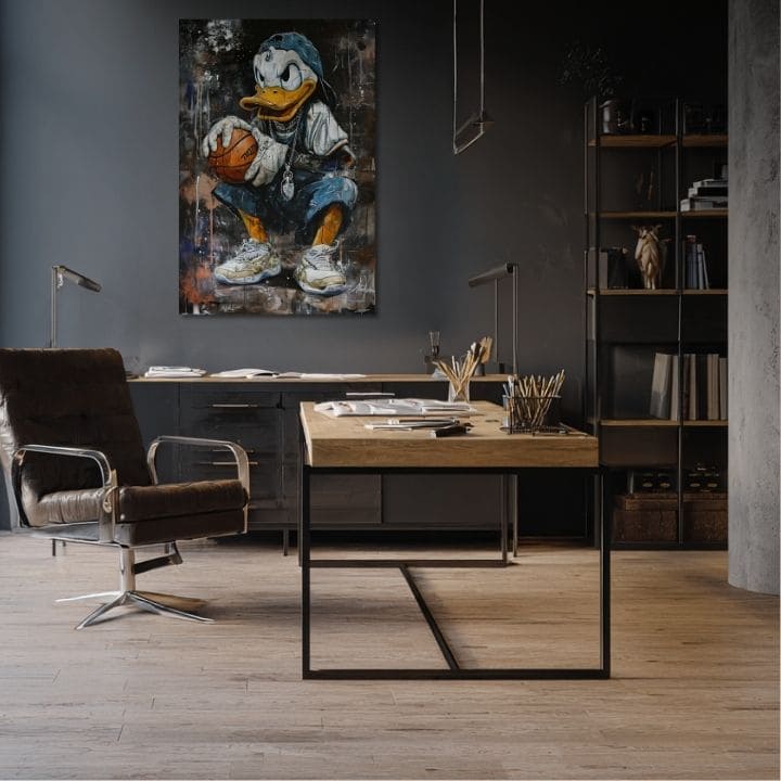 Modern tablou pe pânză cu motivul LeBron Duck na pânză în alb nuanțe, atmosferă urbană, cultură pop și nostalgie | Tablou LeBron Duck na pânză – produs