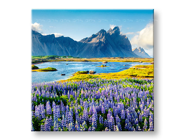 În stil boho tablou pe pânză cu motivul PAJIȘTE, munți, cer, peisaj, flori în violet-albastru nuanțe, atmosferă liniștită, natură și sălbăticie – principală
