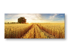 În stil boho tablou pe pânză cu motivul PAJIȘTE, apus de soare, cer, peisaj, natură în albastru-portocaliu nuanțe, atmosferă liniștită, potrivit pentru birou – principală