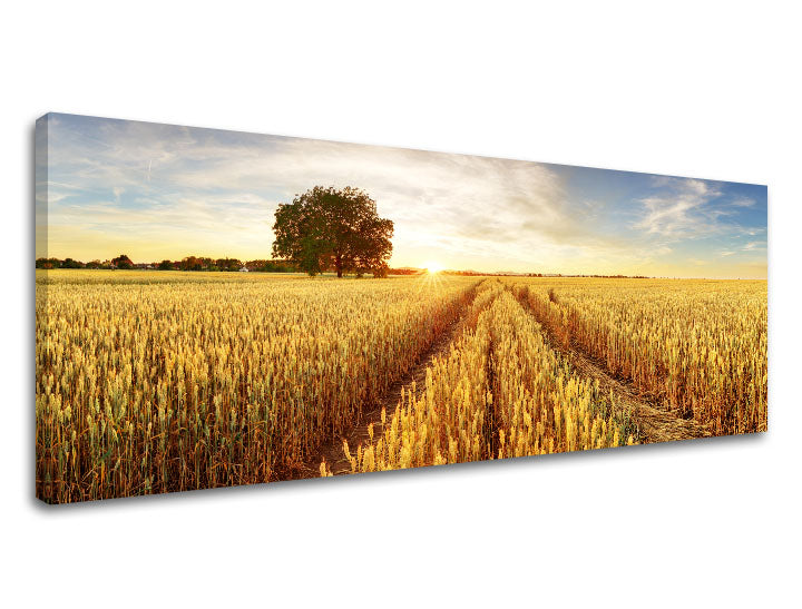 În stil boho tablou pe pânză cu motivul PAJIȘTE, apus de soare, cer, peisaj, natură în albastru-portocaliu nuanțe, atmosferă liniștită, potrivit pentru birou – produs