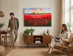 Pictat manual tablou pe pânză cu motivul PAJIȘTE, maci, copaci, cer, peisaj în multicolor nuanțe agățat în interiorul bucătărie, atmosferă de primăvară și natură – interior