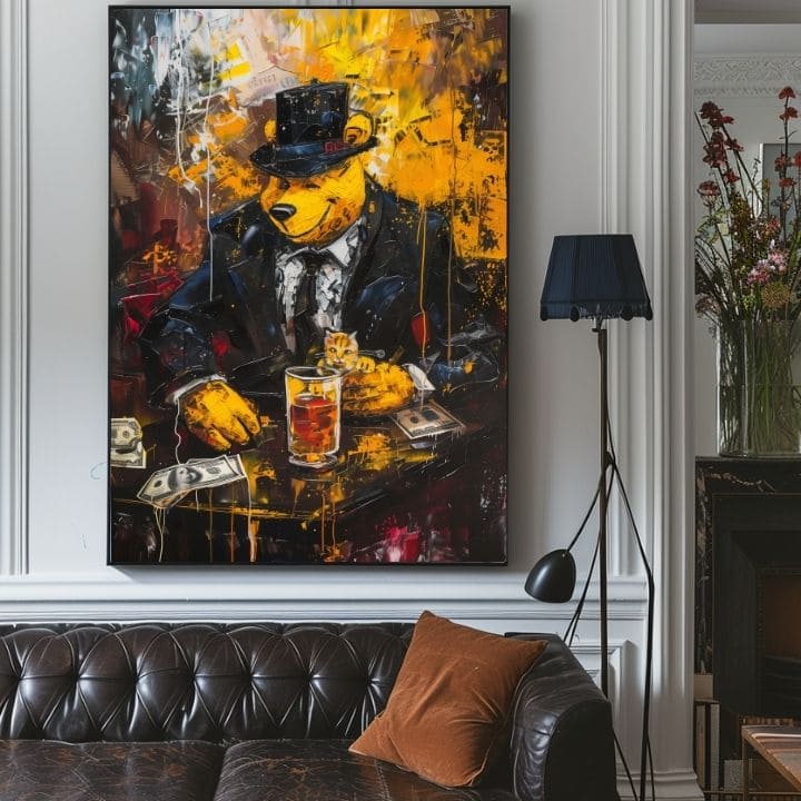 Modern tablou pe pânză cu motivul Mafia Boss Bear, urs, pisică în negru-auriu nuanțe, forță și putere | Tablou Mafia Boss Bear – produs, vedere 4