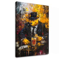 Modern tablou pe pânză cu motivul Mafia Boss Bear, urs, pisică în negru-auriu nuanțe, forță și putere | Tablou Mafia Boss Bear – principală
