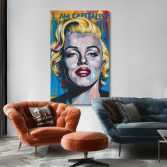 Modern tablou pe pânză cu motivul Marilyn Monroe - Kapitalistický šarm în auriu-roșu nuanțe, atmosferă îndrăzneață, glorie | Tablou Marilyn Monroe - Kapitalistický šarm – produs, vedere 2