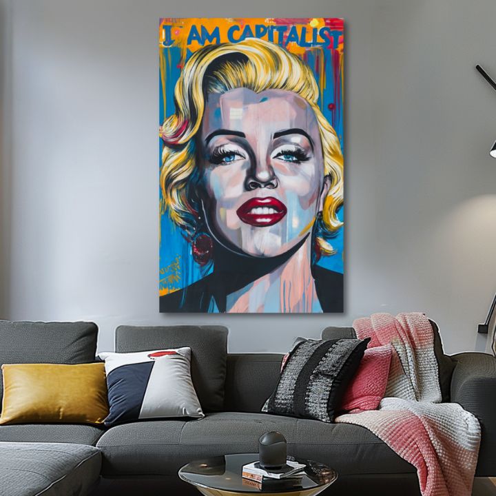 Modern tablou pe pânză cu motivul Marilyn Monroe - Kapitalistický šarm în auriu-roșu nuanțe, atmosferă îndrăzneață, glorie | Tablou Marilyn Monroe - Kapitalistický šarm – produs