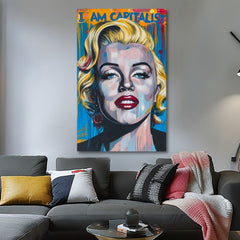 Modern tablou pe pânză cu motivul Marilyn Monroe - Kapitalistický šarm în auriu-roșu nuanțe, atmosferă îndrăzneață, glorie | Tablou Marilyn Monroe - Kapitalistický šarm – produs