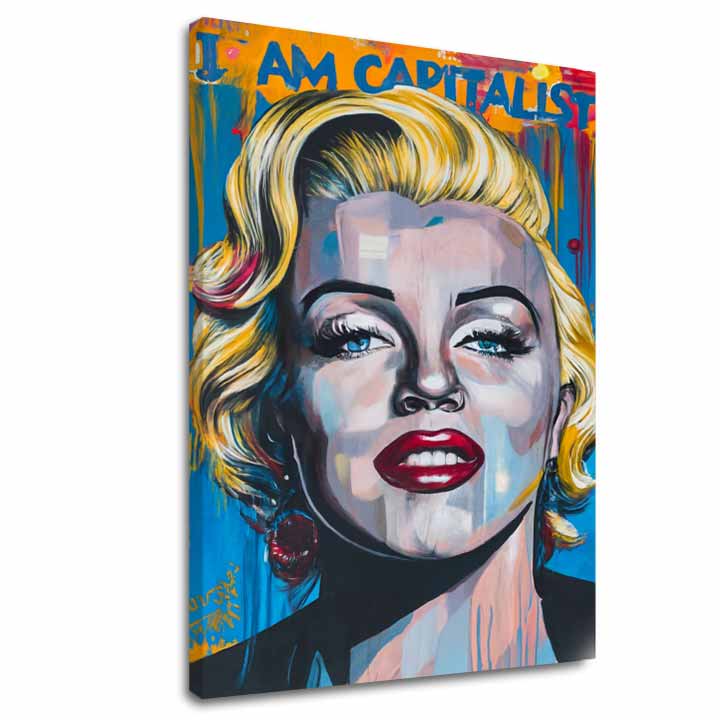 Modern tablou pe pânză cu motivul Marilyn Monroe - Kapitalistický šarm în auriu-roșu nuanțe, atmosferă îndrăzneață, glorie | Tablou Marilyn Monroe - Kapitalistický šarm – principală