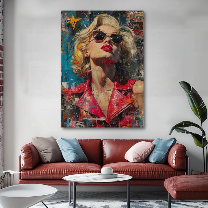 Modern tablou pe pânză cu motivul Marilyn Monroe - Ikona v žiari svetiel în roșu-albastru nuanțe, glorie și iconografie | Tablou Marilyn Monroe - Ikona v žiari svetiel – produs