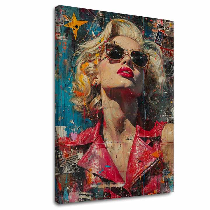 Modern tablou pe pânză cu motivul Marilyn Monroe - Ikona v žiari svetiel în roșu-albastru nuanțe, glorie și iconografie | Tablou Marilyn Monroe - Ikona v žiari svetiel – principală
