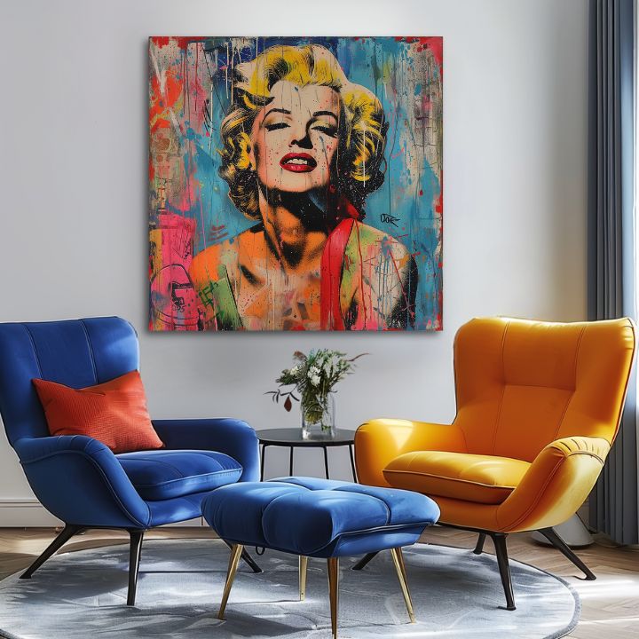 Modern tablou pe pânză cu motivul Marilyn Monroe - Rebelka vo farbách în galben-roșu nuanțe, atmosferă energică, glorie și iconografie | Tablou Marilyn Monroe - Rebelka vo farbách – pr..., vedere 2