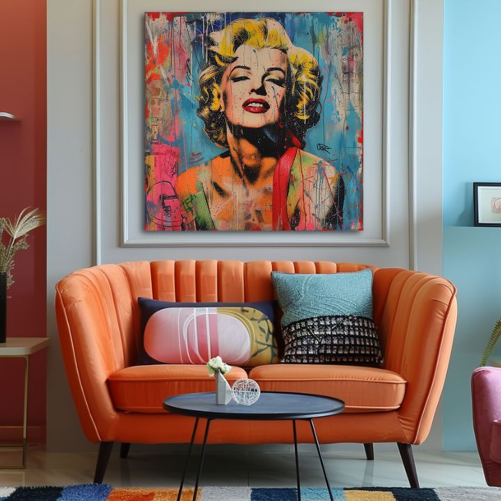Modern tablou pe pânză cu motivul Marilyn Monroe - Rebelka vo farbách în galben-roșu nuanțe, atmosferă energică, glorie și iconografie | Tablou Marilyn Monroe - Rebelka vo farbách – produs
