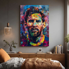 Modern tablou pe pânză cu motivul Messi Vibes na pânză în galben-violet nuanțe, atmosferă energică, glorie | Tablou Messi Vibes na pânză – produs, vedere 2