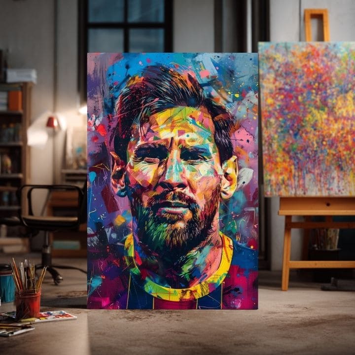 Modern tablou pe pânză cu motivul Messi Vibes na pânză în galben-violet nuanțe, atmosferă energică, glorie | Tablou Messi Vibes na pânză – produs