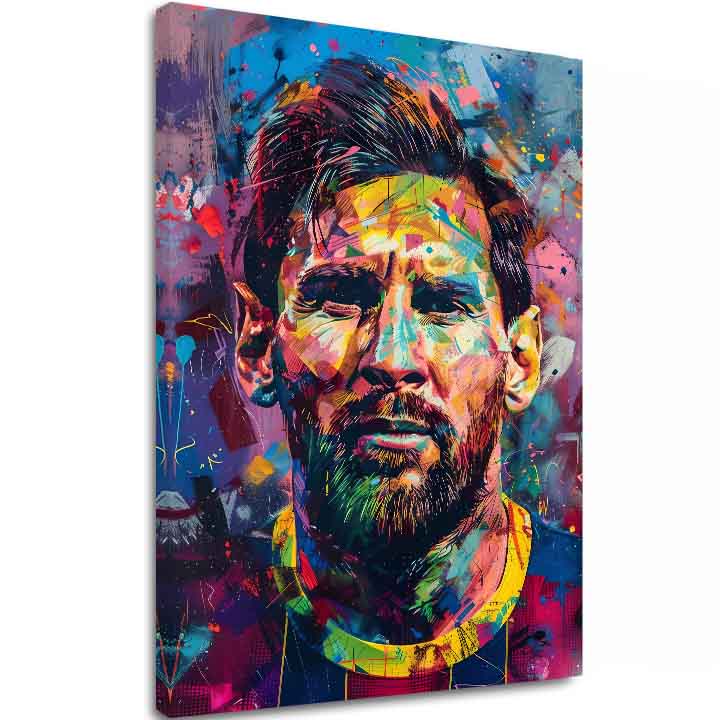 Modern tablou pe pânză cu motivul Messi Vibes na pânză în galben-violet nuanțe, atmosferă energică, glorie | Tablou Messi Vibes na pânză – principală