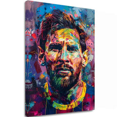 Modern tablou pe pânză cu motivul Messi Vibes na pânză în galben-violet nuanțe, atmosferă energică, glorie | Tablou Messi Vibes na pânză – principală