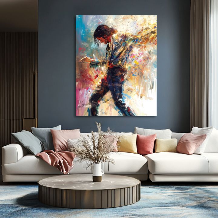 Modern tablou pe pânză cu motivul Michael Jackson - Tanečná energie, dansatoare în alb-albastru nuanțe, atmosferă energică | Tablou Michael Jackson - Tanečná energie – produs