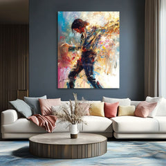 Modern tablou pe pânză cu motivul Michael Jackson - Tanečná energie, dansatoare în alb-albastru nuanțe, atmosferă energică | Tablou Michael Jackson - Tanečná energie – produs