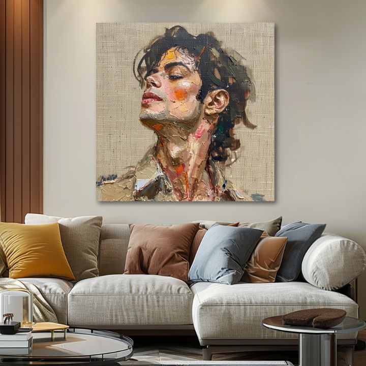 Modern tablou pe pânză cu motivul Michael Jackson - Melódia vášne în bej-maro nuanțe, glorie și nostalgie | Tablou Michael Jackson - Melódia vášne – produs