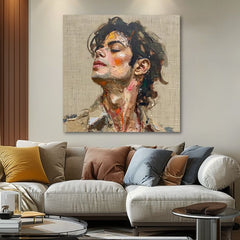 Modern tablou pe pânză cu motivul Michael Jackson - Melódia vášne în bej-maro nuanțe, glorie și nostalgie | Tablou Michael Jackson - Melódia vášne – produs