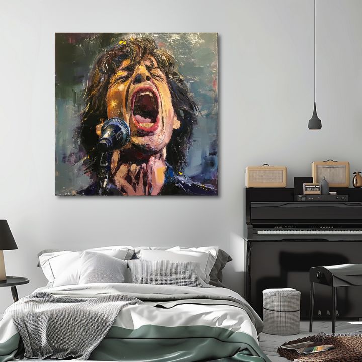Modern tablou pe pânză cu motivul Mick Jagger - Legenda na pódiu, microfon în roșu nuanțe, atmosferă pasională, pasiune | Tablou Mick Jagger - Legenda na pódiu – produs, vedere 2