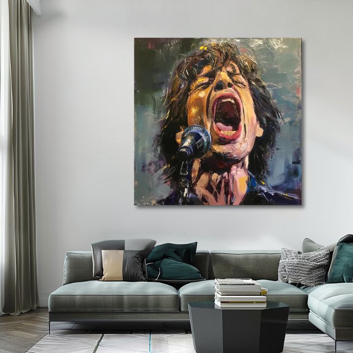 Modern tablou pe pânză cu motivul Mick Jagger - Legenda na pódiu, microfon în roșu nuanțe, atmosferă pasională, pasiune | Tablou Mick Jagger - Legenda na pódiu – produs