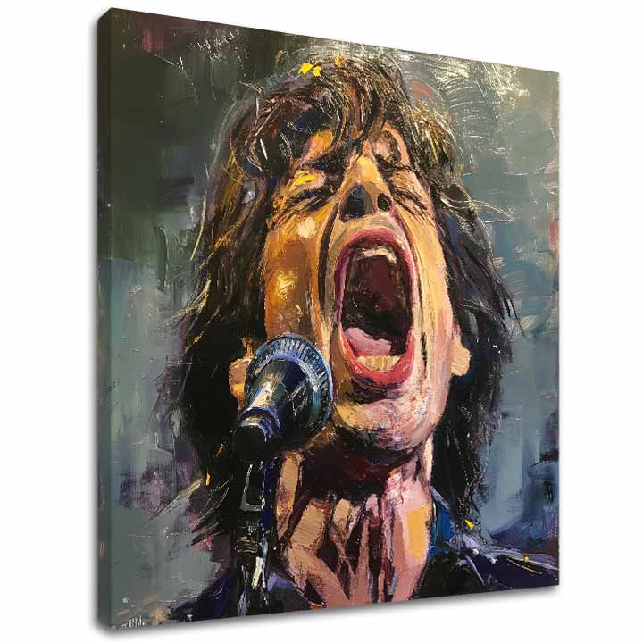 Modern tablou pe pânză cu motivul Mick Jagger - Legenda na pódiu, microfon în roșu nuanțe, atmosferă pasională, pasiune | Tablou Mick Jagger - Legenda na pódiu – principală