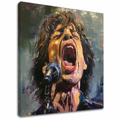 Modern tablou pe pânză cu motivul Mick Jagger - Legenda na pódiu, microfon în roșu nuanțe, atmosferă pasională, pasiune | Tablou Mick Jagger - Legenda na pódiu – principală