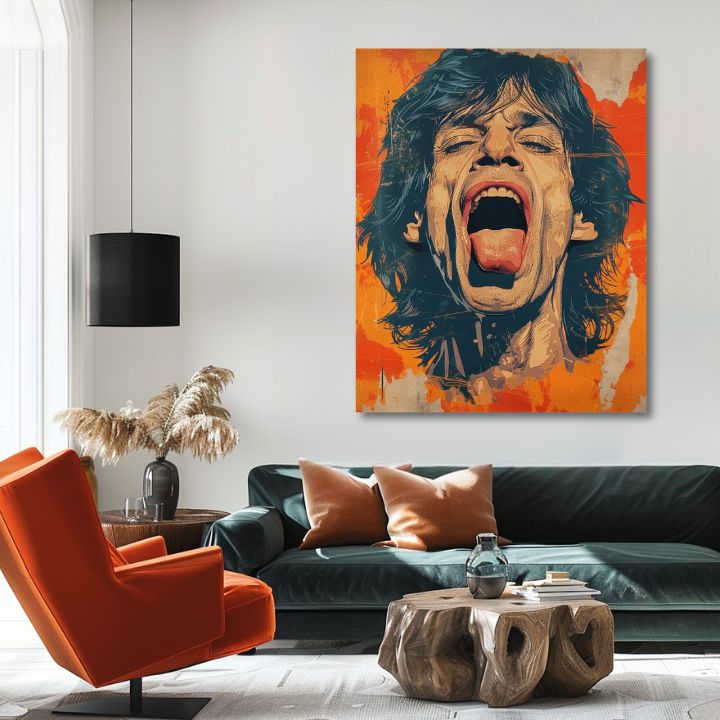 Modern tablou pe pânză cu motivul Mick Jagger - Sila rockovej scény în portocaliu-roșu nuanțe, atmosferă energică, rock and roll și iconografie – produs, vedere 2