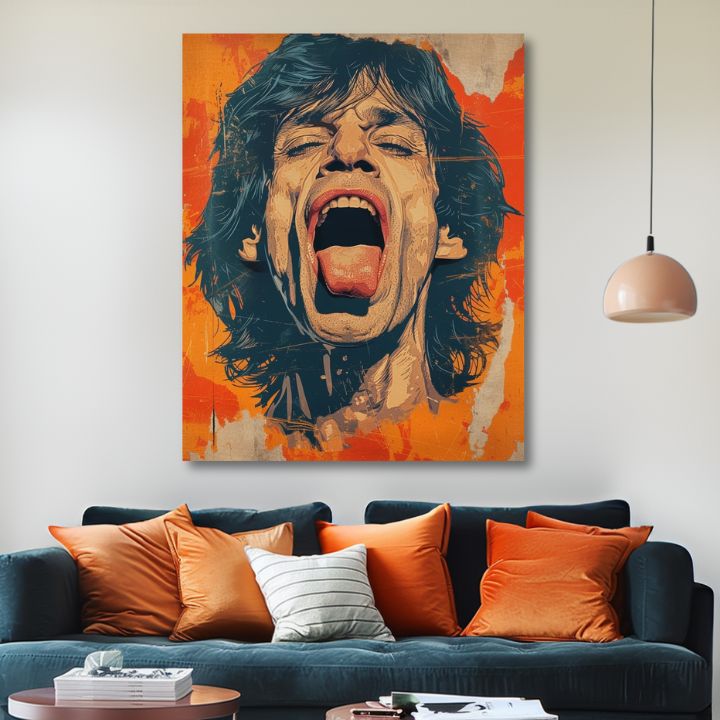 Modern tablou pe pânză cu motivul Mick Jagger - Sila rockovej scény în portocaliu-roșu nuanțe, atmosferă energică, rock and roll și iconografie – produs