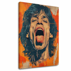 Modern tablou pe pânză cu motivul Mick Jagger - Sila rockovej scény în portocaliu-roșu nuanțe, atmosferă energică, rock and roll și iconografie – principală