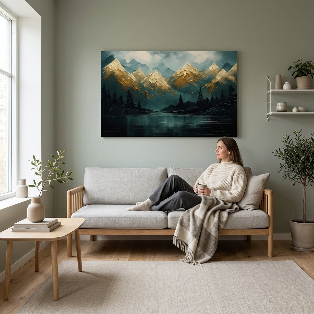 Art deco tablou pe pânză cu motivul munți, lac, cer, peisaj, natură în albastru-verde nuanțe agățat în interiorul sufragerie, natură și sălbăticie – interior