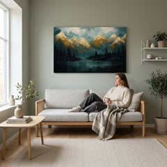 Art deco tablou pe pânză cu motivul munți, lac, cer, peisaj, natură în albastru-verde nuanțe agățat în interiorul sufragerie, natură și sălbăticie – interior