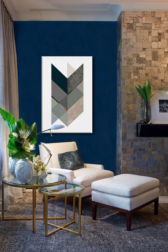 Geometric tablou pe pânză cu motivul Modular Energy în bej-albastru nuanțe agățat în interiorul sufragerie, atmosferă liniștită | Tablou de perete Modular Energy – interior
