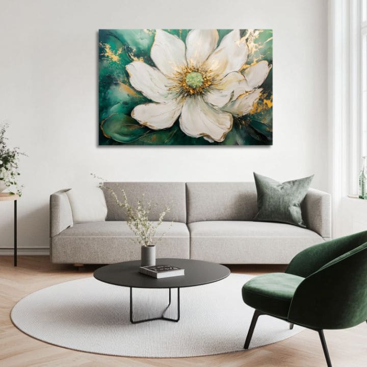 Pictat manual tablou pe pânză cu motivul vzácny okamih, frunze în turcoaz-verde nuanțe, atmosferă elegantă, natură și eleganță | Tablou vzácny okamih – produs, vedere 2