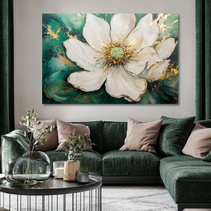 Pictat manual tablou pe pânză cu motivul vzácny okamih, frunze în turcoaz-verde nuanțe, atmosferă elegantă, natură și eleganță | Tablou vzácny okamih – produs