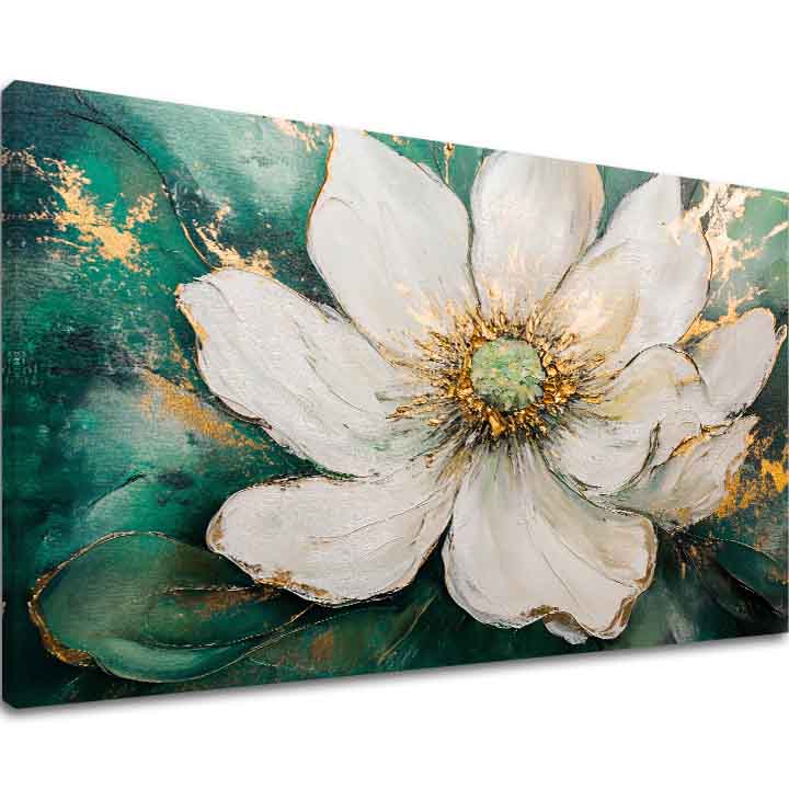 Pictat manual tablou pe pânză cu motivul vzácny okamih, frunze în turcoaz-verde nuanțe, atmosferă elegantă, natură și eleganță | Tablou vzácny okamih – principală