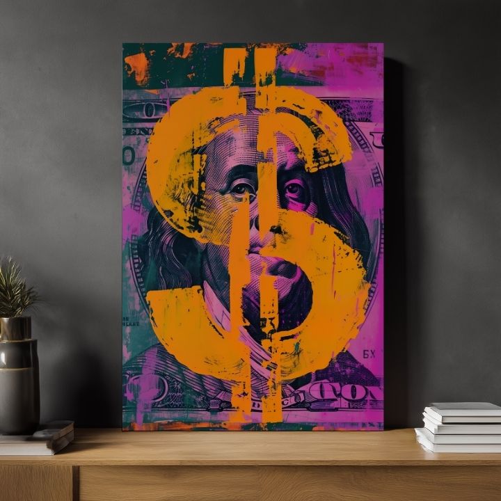 Modern tablou pe pânză cu motivul Money Benjamin na pânză în portocaliu-turcoaz nuanțe, atmosferă îndrăzneață | Tablou Money Benjamin na pânză – produs, vedere 2