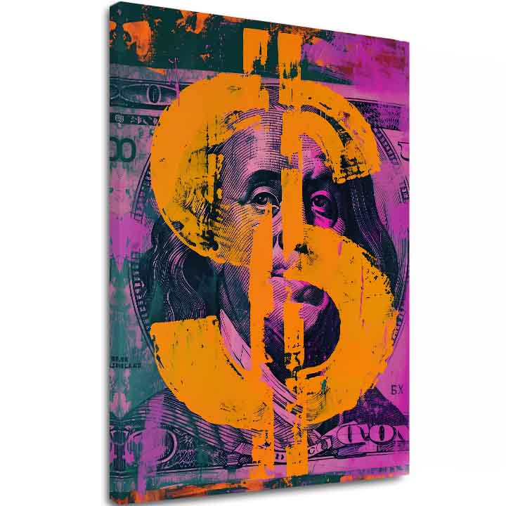 Modern tablou pe pânză cu motivul Money Benjamin na pânză în portocaliu-turcoaz nuanțe, atmosferă îndrăzneață | Tablou Money Benjamin na pânză – principală